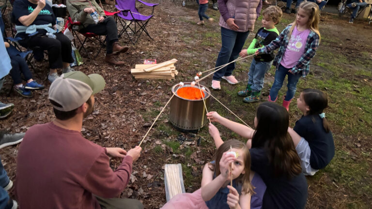 children roasting marshmellows campfire